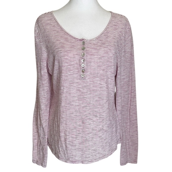 Sundance Tops - Sundance Women’s Top White Pink Stripe Henley Neck Long Sleeve Size M Cotton